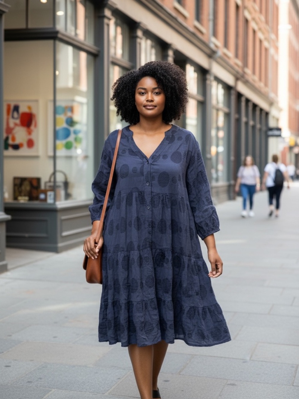 Umgee Navy Blue Textured Dot Tiered Dress